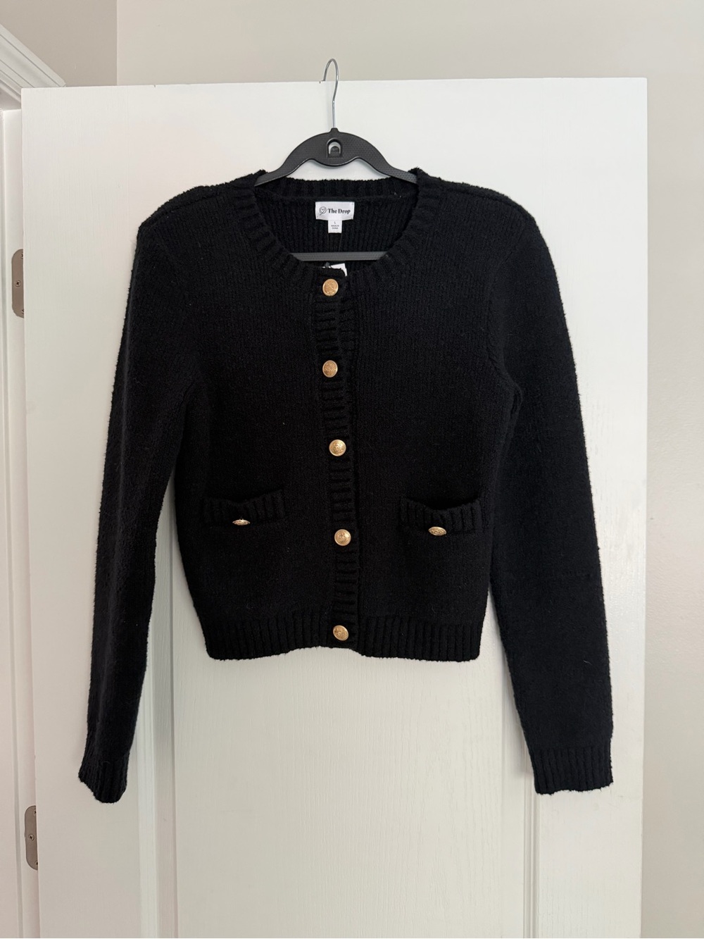 The Drop Black Gold-Button Cropped Cardigan